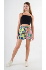 Kadın Yeşil Pembe Beli Lastikli Ve Bağlamalı Cepli Şort HZL24S-YY226