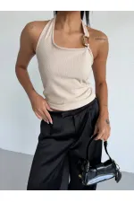 Kadın Bej Ottoman Kumaş Halter Yaka Toka Detay Bluz HZL26W-FRY123321