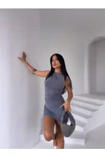 Kadın Gri Beli Drapeli Sandy Kumaş Mini Elbise HZL25S-FRY122981