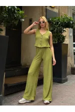 Kadın Fıstık Yeşil Beli Lastilkli Gofre Kumaş Pantolon HZL24S-ZK13261