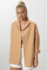Kadın Camel Oversize Uzun Basic Gömlek  HZL22W-BD139001