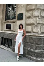 Kadın Beyaz Arkadan İp Bağlamalı Yırtmaç Detaylı Keten Elbise HZL25S-ZK11241