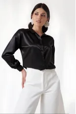 Kadın Siyah  Hafif Dökümlü Saten Yüzeyli Gömlek HZL22W-BD139641