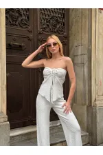 Kadın Beyaz Boyundan Bağlamalı Staplez Bluz HZL25S-ZK13581