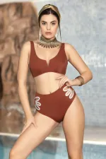 Kadın Kiremit V Yaka Astarlı Yüksel Bel Parçalı Üçgen Bikini Takım HZL24S-AR1612