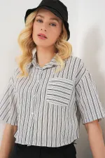 Kadın Çizgili Crop Gömlek 20342 - Siyah