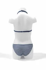Kız Çocuk Lacivert Beyaz Çizgili Flamingo Desenli  4-12 Yaş Üçgen Bikini Takım HZL24S-LC171