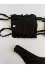 Women's Black String-Tied Gathered Strapless Bikini Set HZL25S-LC2226