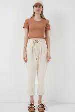 Pantalon en lin ceinturé 6660 - Crème