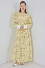 Kadın Kuşaklı Uzun Elbise 2584 - Sarı