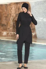 Kadın Tesettür Siyah Uzun Kollu Beli Kuşaklı Tam Kapalı Taytlı Likralı Elbise Mayo HZL24S-AR1252-01