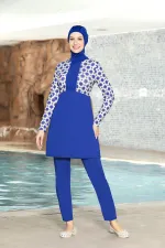 Kadın Tesettür Saks Mavi Krem Desenli Uzun Kollu Tam Kapalı Pantolonlu Elbise Mayo HZL24S-AR1271-179