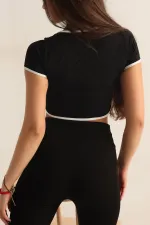 Kadın Siyah Beyaz Biyeli Kısa Kol Likralı SendyCrop Bluz HZL24S-SND190901