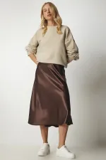 Kadın Çikolata Saten Yüzeyli Beli Lastikli Midi Boy Etek Hzl23s-bd1101471