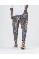 Pantalon de survêtement coupe droite à motif Kilim bleu camel pour homme, taille nouée, HZL24S-MXC8948-266