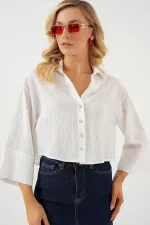 Chemise courte rayée oversize pour femme 20326 - Blanche