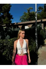 Kadın Beyaz Boyundan Bağlamalı Sırtı Açık Keten Bluz HZL24S-ZK11081