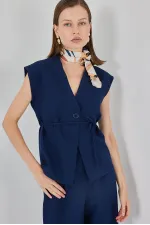 Ensemble gilet et pantalon femme en tissu 30050 - Bleu marine