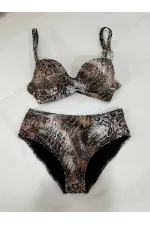 Kadın Kahverengi Leopar Desenli Astarlı Büyük Beden Bikini Takımı HZL25S-LC25006