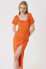 Kadın Oranj  Yırtmaçlı Yazlık Örme Elbise HZL23S-BD123961