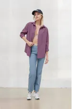 Kadın Koyu Lila Oversize Uzun Basic Gömlek HZL22W-BD139001