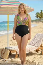 Women's Black Green V-Neck Plus Size Swimsuit HZL25S-LC4008