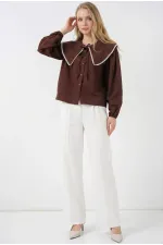 Women's Brown Baby Collar Buttoned Stylish Casual Shirt HZL26S-BD1203141