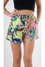 Kadın Yeşil Pembe Beli Lastikli Ve Bağlamalı Cepli Şort HZL24S-YY226