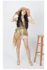 Kadın Bej Beli Lastikli Astarlı Kroşe Şort HZL25-LC251