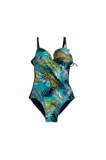 Maillot de bain drapé latéral bleu marine, turquoise et jaune, motif plumes, pour femme, HZL25S-LC6243