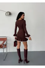 Women's Brown Long Sleeve Flounce and Piping Diving Fabric Mini Dress HZL25W-FRY123401