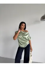 Kadın Çağla Yeşili Tek Omuz Asimetrik Kesim Saten Bluz HZL26W-FRY121171