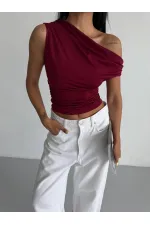 Kadın Bordo Yandan Drapeli Kayık Yaka Sandy Bluz HZL25S-FRY123201