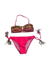 Kız Çocuk Fuşya Çok Renkli  İp Detaylı Astarlı 4-12 Yaş Üçgen Bikini Takım HZL24S-LC1904