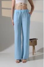 Kadın Mavi Beli Lastikli Müslin Kumaş Bol Paça Pantolon HZL25S-DSB12221