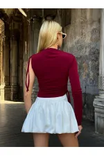 Kadın Bordo Tek Kol Yanları Büzgülü Sandy Kumaş Bluz HZL25W-ZK11501