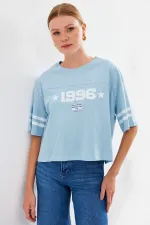 4322 Printed Oversize Basic T-Shirt - Blue