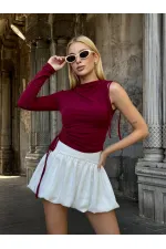 Kadın Bordo Tek Kol Yanları Büzgülü Sandy Kumaş Bluz HZL25W-ZK11501