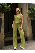 Kadın Fıstık Yeşil Beli Lastilkli Gofre Kumaş Pantolon HZL24S-ZK13261