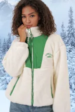 Veste zippée en fausse peau de mouton imprimée vert écru pour femme, doublée de peluche HZL25W-BD151941