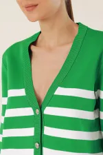 Cardigan en tricot à rayures vertes pour femme, coupe décontractée, col en V, HZL24W-BD1102151