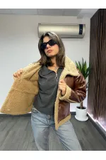 Women's Camel Faux Leather Jacket with Fur Lining and Button Closure HZL23W-BRC129331 Women's Camel Faux Leather Jacket with Fur Lining and Button Closure HZL23W-BRC129331