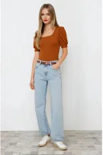 Kadın Taba Kare Yaka Örme Bluz HZL22W-BD104091