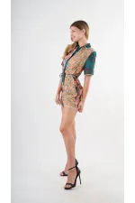 Kadın Yeşil Sarı İp Kemerli Küpürlü Gömlek Görünümlü Elbise HZL24S-YY237