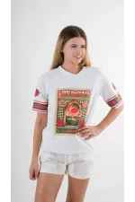 Kadın Beyaz Kırmızı Peponi Baskılı Bisiklet Yaka T-Shirt HZL24S-YY302