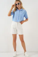 Kadın Kısa Kol Crop Gömlek 20341 - Mavi