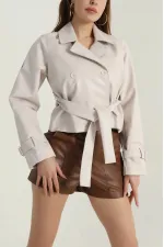 Kadın Krem Kemerli Astarlı Suni Deri Ceket HZL25W-BD110461