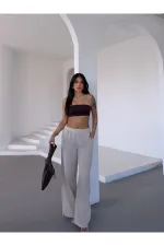 Kadın Bej Beli Lastikli Müslin Kumaş Bol Paça Pantolon HZL25S-DSB12221