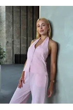 Kadın Pembe Çizgili Önü Fermuarlı Bluz Pantolon İkili Takım HZL25S-ZK13691