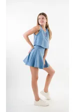 Kadın İndigo Mavi Dantel Desenli Bisiklet Yaka Kolsuz Astarlı Elbise HZL24S-YY10021